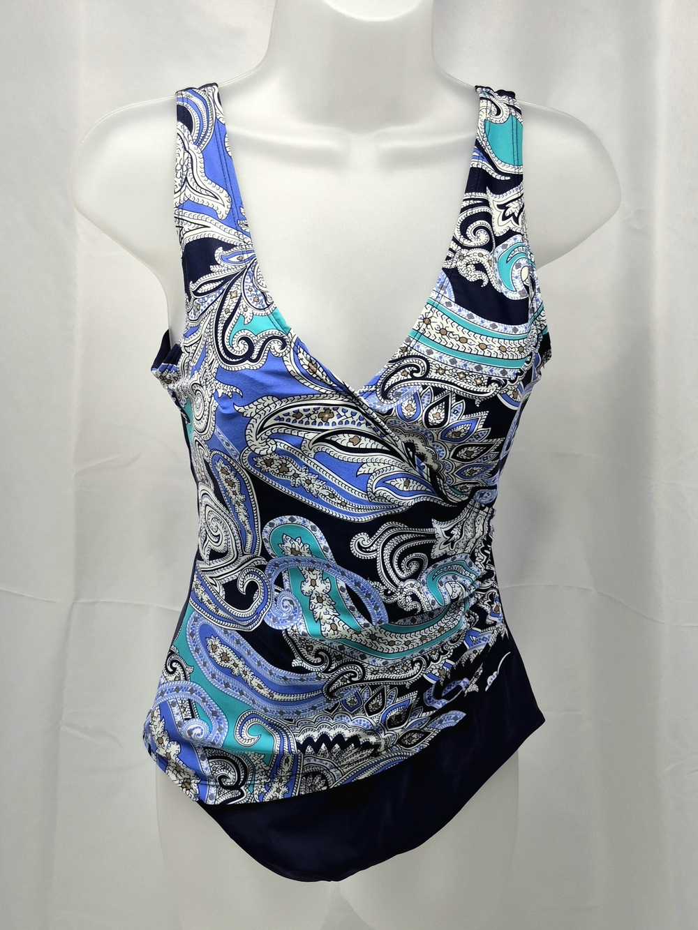 NWOT Solaris Blue Paisley Tummy Control Surplice One-Piece Swimsuit 8 Slimming